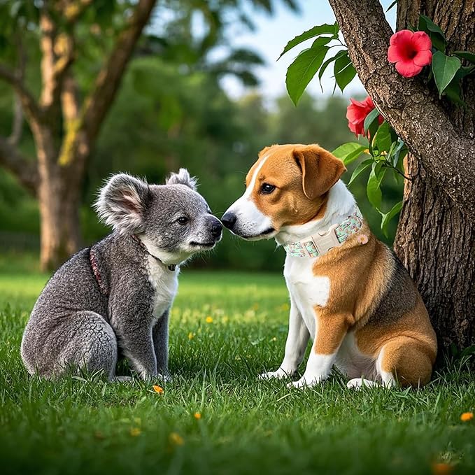 DOGWONG Summer Koala Dog Collar, Green Pink Flower Dog Collars, Adjustable Cute Pet Collars Boy Girl Design Dog Collar for Small Medium Large Dogs