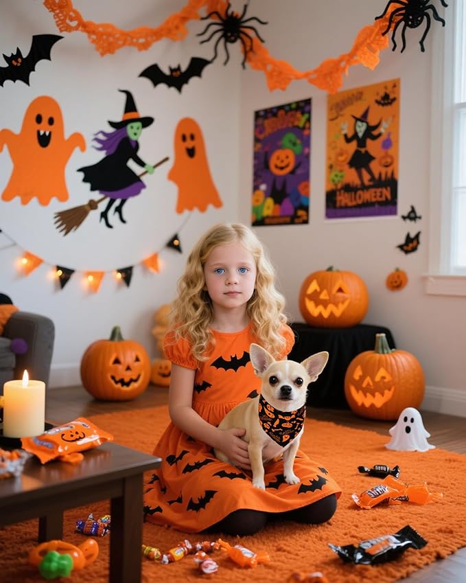 PET SHOW 100 Pack Halloween Extra Small Dog Bandanas Bulk Seamless Pumpkin Triangle Bibs Scarves XS for Puppies Cats Adjustable Grooming Kerchiefs for Girl Boy Pets Costume Accessories (Small)