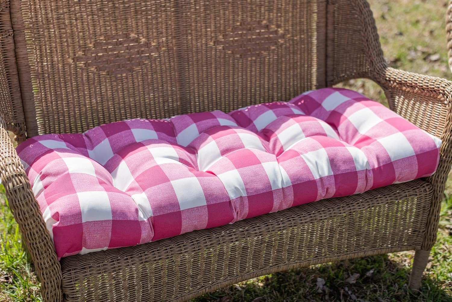RSH DECOR: Tufted Wicker Loveseat Cushion | 41” x 19" | All-Weather Spun Fabric | Water and Fade-Resistant | Outdoor Settee Cushion for Patio Furniture | Classic Pink Buffalo