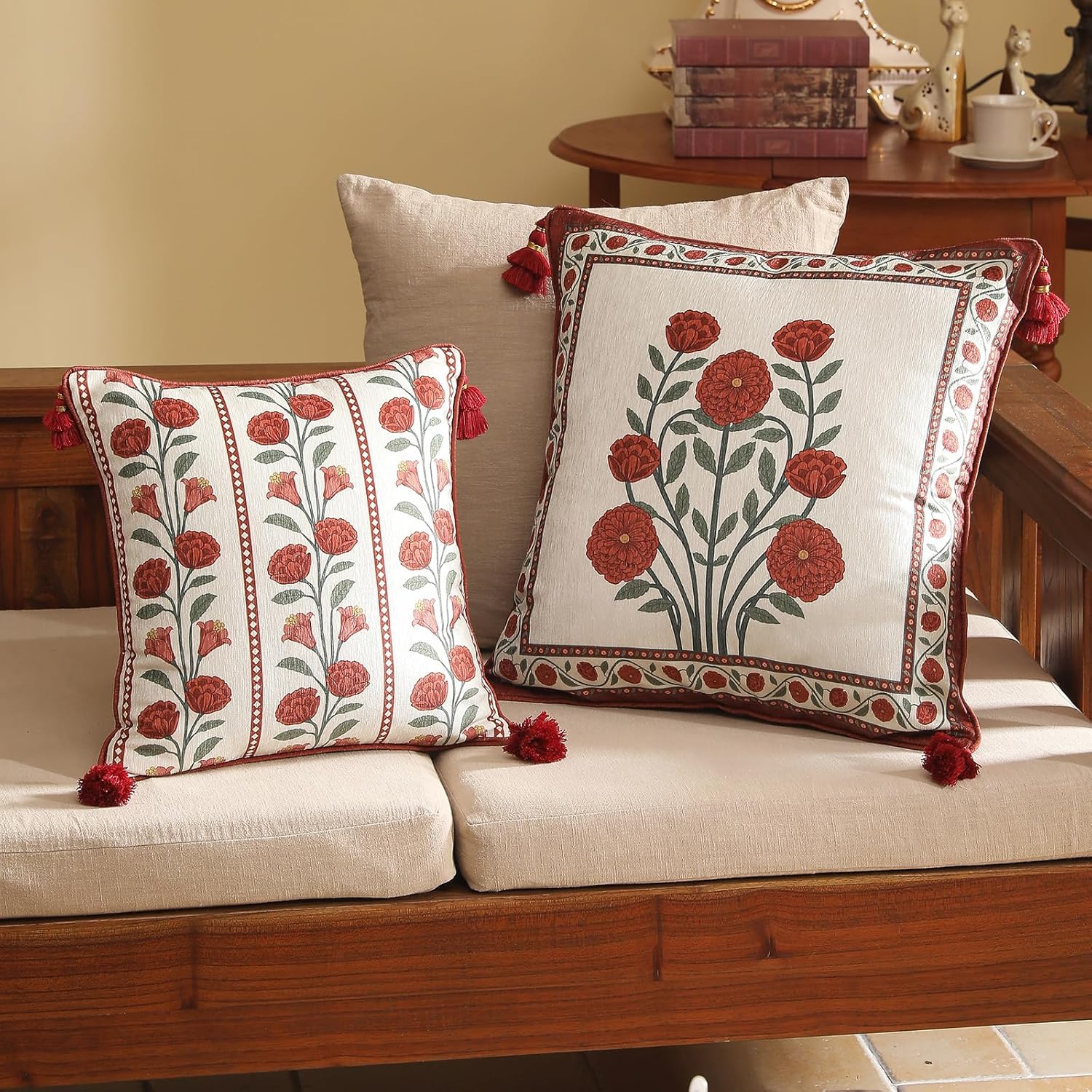 Vintage Square Throw Pillow Covers,Red Cozy Velvet with Leaves and Floral Pattern Pillowcases,Decoration Pillows Cushion Covers for Living Room Couch Sofa Bed Car Chair,18"x18"
