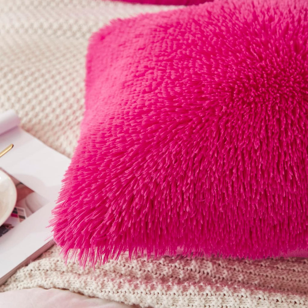 Uhamho Set of 2 Pillowcases Faux Fur Throw Pillow Covers King Size Shams Soft Velvet Decorative Zipper Closure (Hot Pink, 20"x36")