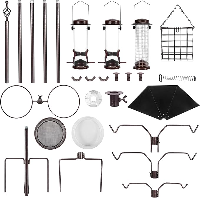 6-Hook Bird Feeding Station Kit, 94 Inch Heavy Duty Bird Feeder Stand Pole for Outdoors Hanging with 4 Feeders, Wide Metal Squirrel Baffle, Attracting Wild Birds