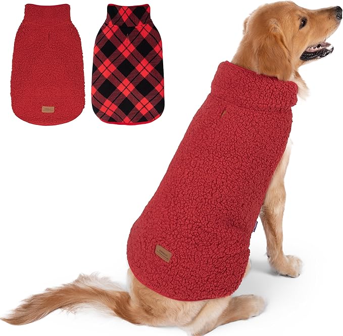 cyeollo 3XL Dog Coat, Fleece Sherpa Winter Sweater Coats, Turtleneck Dog Jacket Vest for Large Dogs with Leash Hole, Soft Reversible Pet Coats for Cold Weather, Buffalo Plaid XXXL