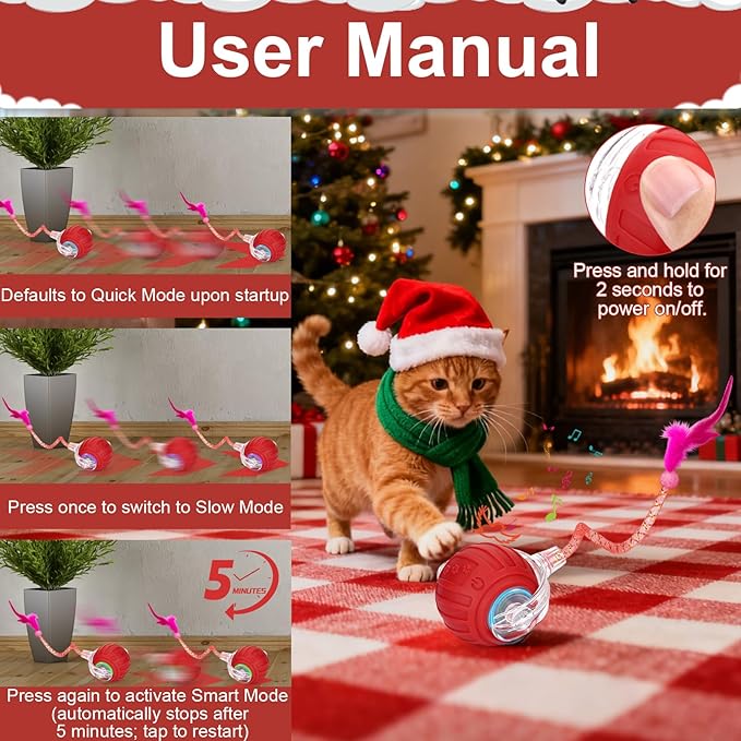 BABORUI Interactive Cat Toy Ball - Automatic Christmas Cat Toys for Indoor Cats with 5 Tails, 2 Speeds Rechargeable Cat Enrichment Toys for Small/Medium/Large Cats to Keep Them Busy