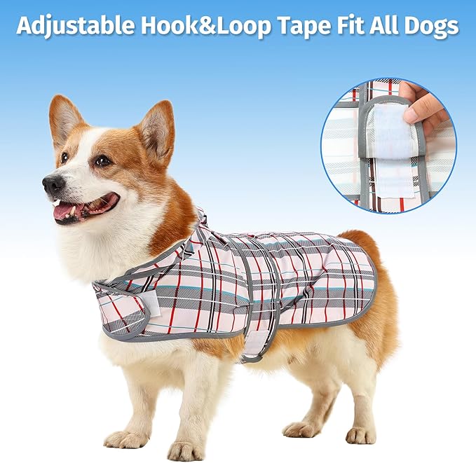 Dog Raincoat for Medium Dogs Waterproof Hooded Rain Jacket with Reflective Strips Leash Hole & Poncho Adjustable Fit (Plaid,L)