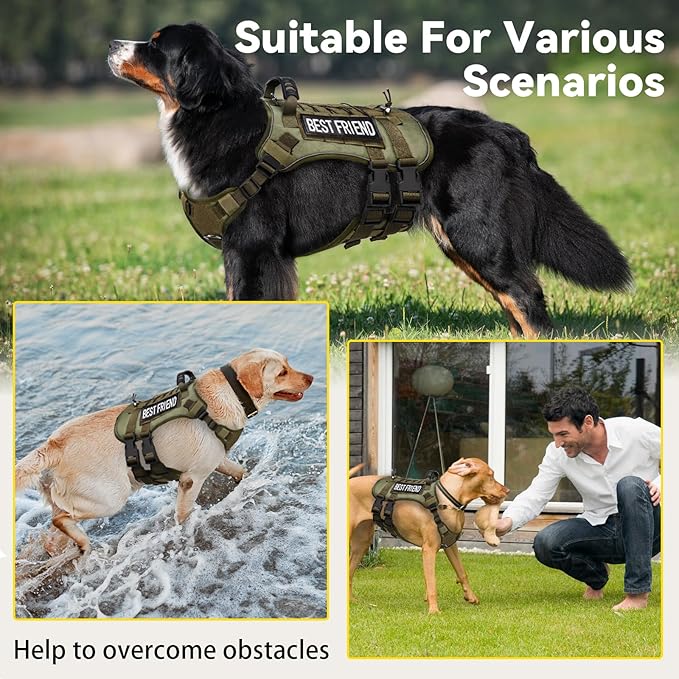 Tactical Dog Harness for Large Dogs,No Pull Adjustable Tactical Dog Harness and Leash Set,Reflective Dog Vest Harness for Training and Walking Green L