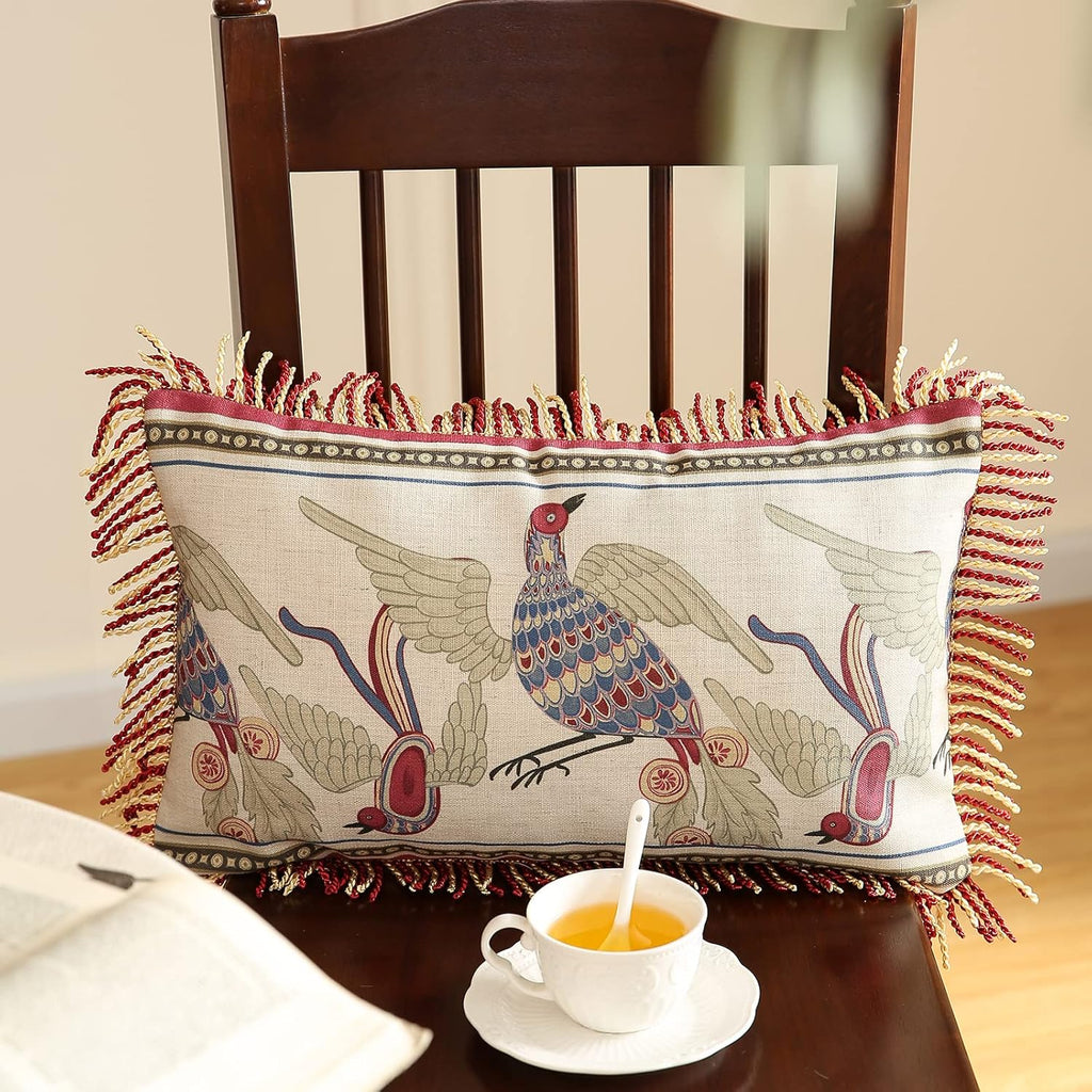 patdrea Designer Throw Pillow Covers 12"x20",Vintage Red Flying Bird Pattern Linen Pillowcases with Tassel Edges Pillows Cover for Couch,Decorative Rectangle Cushion for Living Room Outdoor Car
