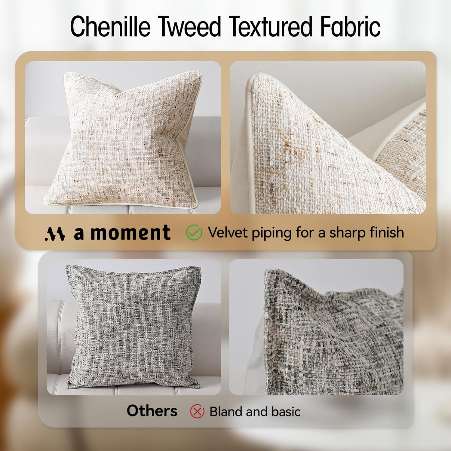 a moment Christmas Beige Reversible Pillow Covers 2 Pack - Farmhouse Chenille Throw Pillows, Neutral Textured Decorative Throw Pillow Covers with Border for Couch Sofa Bed (18x18 Inch, No Insert)