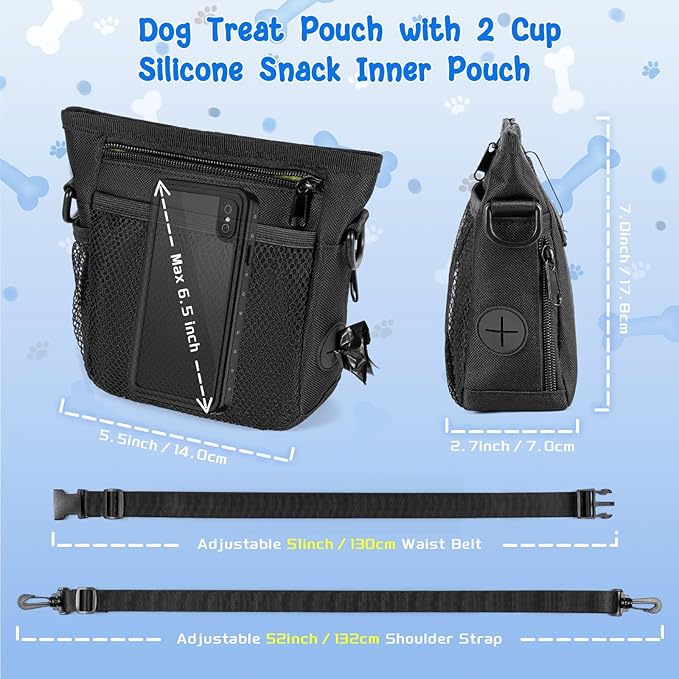 Dog Treat Pouch, Dog Treat Pouches for Pet Training with Clicker, Adjustable Belt, Shoulder Strap, Poop Bags roll, 3 Ways wear, for Outdoor Walks, Training, and Travel, 2 Silicone Bags