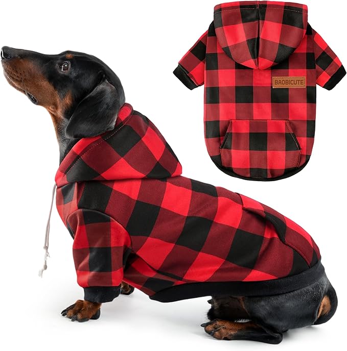 Dog Basic Hoodie Ultra-Soft Plaid Dog Clothes Cold Weather Sweaters for Medium Large Dogs Breathable Cozy Fabric Pet Coat Warm Stylish Sweatshirt with Leash Hole Pocket Dogs Jacket for Cats Boys Girls