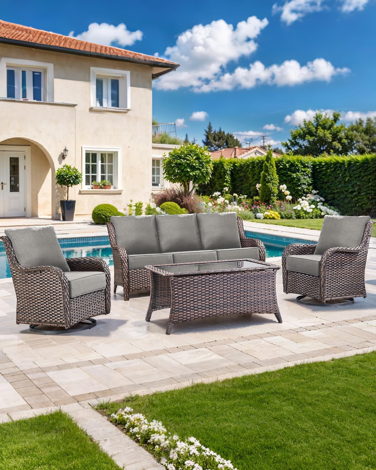 Luxury 22x24/22x25 6-Inch Patio Chair Cushions Set of 3 - Memory Foam Deep Seat Water-Resistant Patio Cushion for Lawn Dining Rocking Swivel Chairs Loveseat 3-Seater Sectional Sofa - Grey