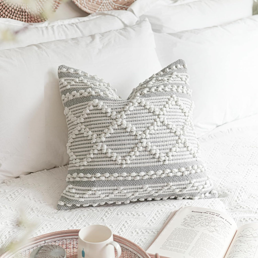 BlissBlush Gray White Decorative Throw Pillow Cover 22X22, Boho Accent Pillow for Couch, Square Modern Farmhouse Pillowcase for Living Room Couch Sofa Cushion Home Décor (Pack of 1)