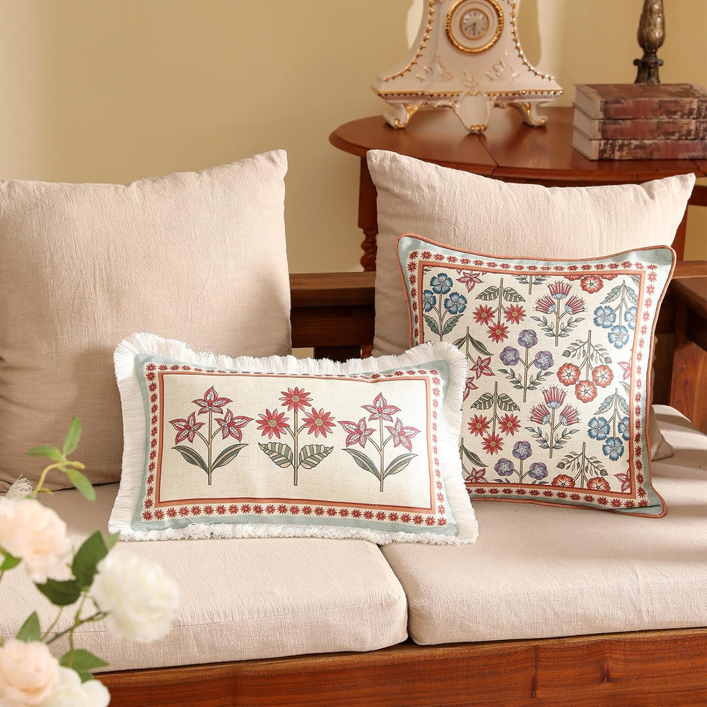 Blue Throw Pillow Covers Set of 2,Cottage Rustic Farmhouse with Wild Flowers Pattern Linen Pillowcases,Decorative Lumbar Pillows Cushion Cover for Couch Sofa Bed Chair Car,12x20 Inches