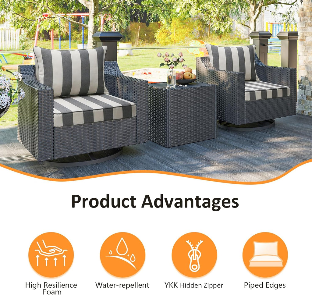Outdoor Patio Chair Cushions Set, 24" x 24", Set of 2, Water-Repellent, Fade Resistant, Deep Seat Bottom and Back Cushion for Backyard, Couch, Sofa and Patio Furniture, Gray Stripe