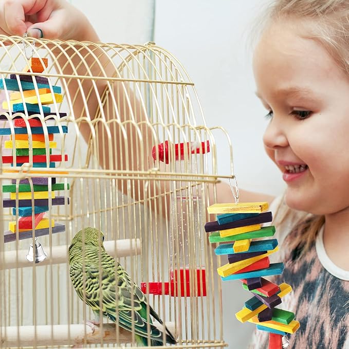 4 Pcs Bird Parrot Toys with Multicolored Natural Wood Blocks, Bird Chew Toys for Large Medium Parrots Macaws Lovebirds Doves Cockatiels Conures Parakeets Chewing Biting Foraging, 2 Designs