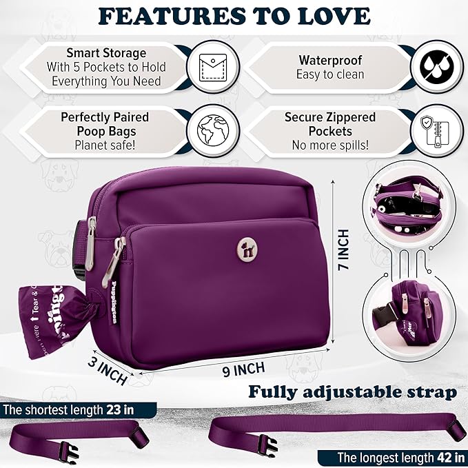 Puppington 3-in-1 Crossbody Dog Walking Bag & Treat Pouch with Matching Planet Safe Poop Bags & Built-In Dispenser - Dog Mom Gift for Puppy Training with Zippered Pockets (Plum Wine)