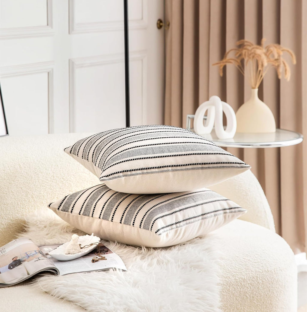 Decorative Boho Throw Pillow Covers, Farmhouse Textured Pillow Case, 20 x 20 Inch Set of 2, Chair Sofa Bedroom Living Room Home Decor Couch Cushion Case, Black and Beige Striped