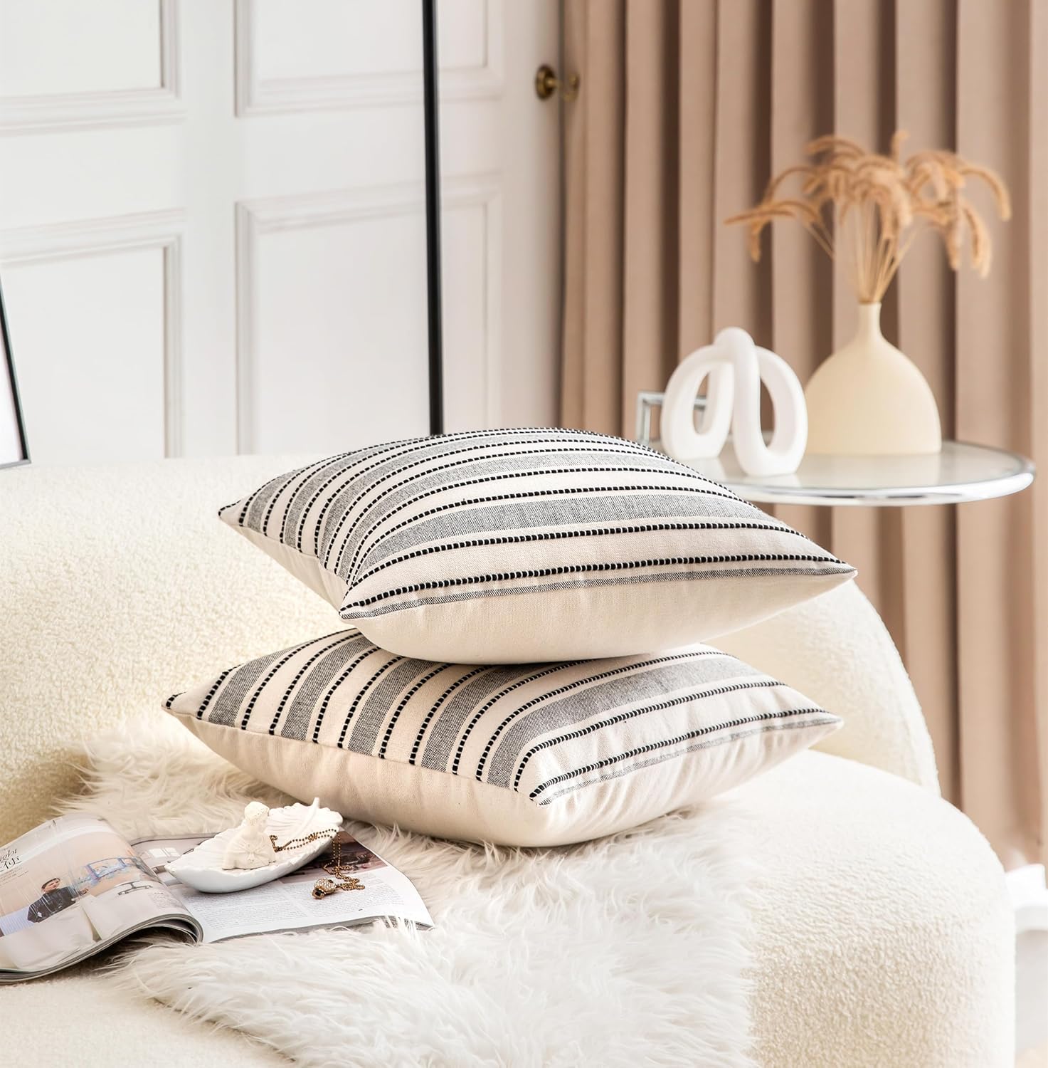 Decorative Boho Throw Pillow Covers, Farmhouse Textured Pillow Case, 20 x 20 Inch Set of 2, Chair Sofa Bedroom Living Room Home Decor Couch Cushion Case, Black and Beige Striped