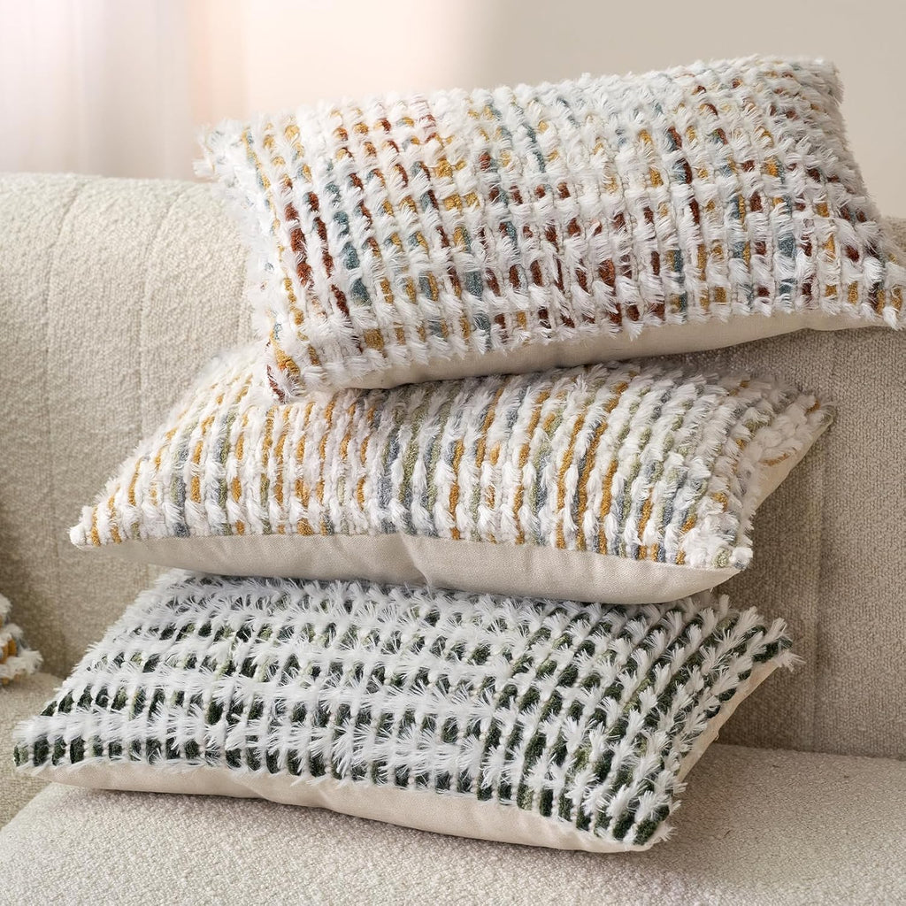 Aeckself Boho Chenille Tufted Pillow Cover 12 x 20 Inch, Rectangle Decorative Lumbar Throw Pillow Cover Neutral Pillowcase for Couch Bedroom Living Room, Green White