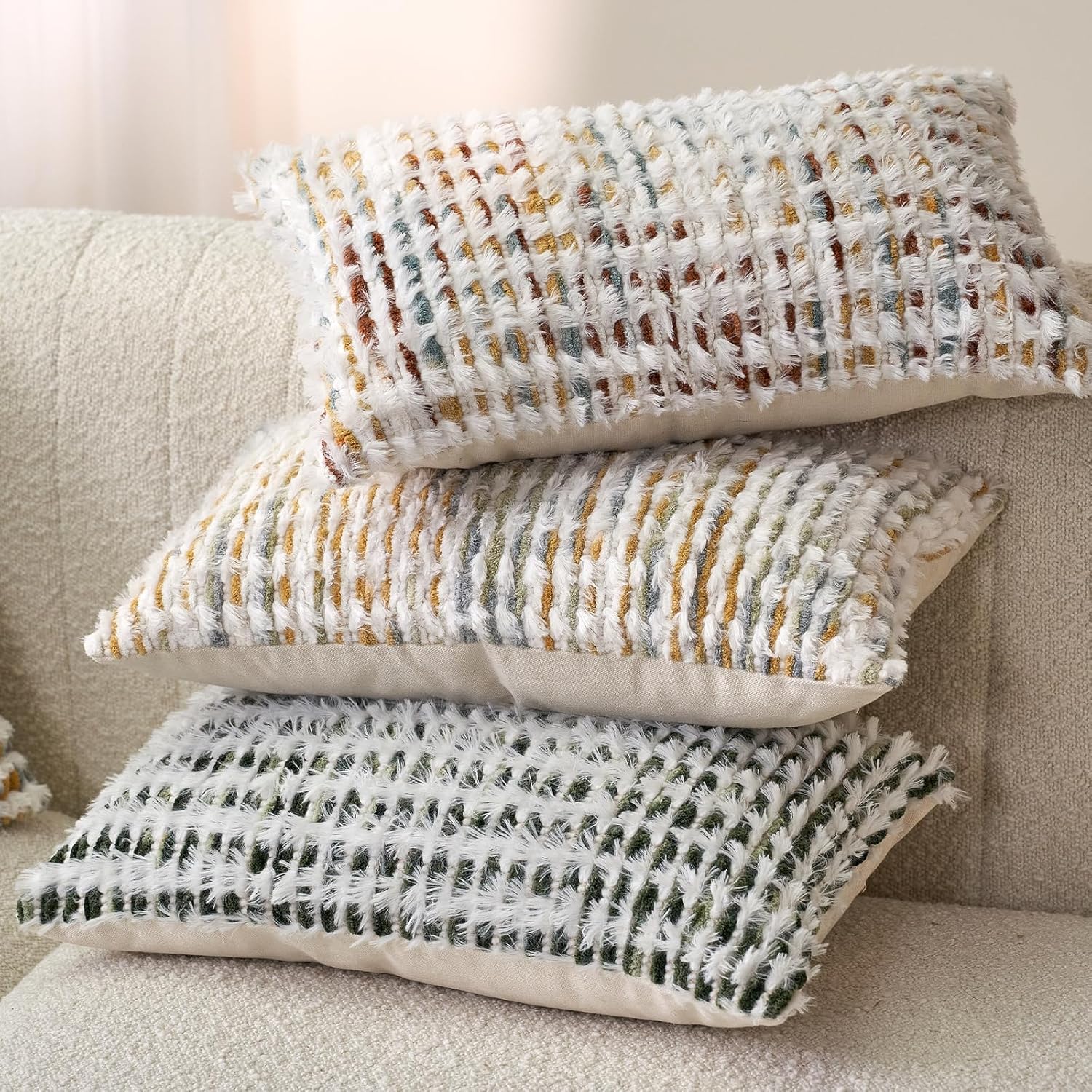 Aeckself Boho Chenille Tufted Pillow Cover 12 x 20 Inch, Rectangle Decorative Lumbar Throw Pillow Cover Neutral Pillowcase for Couch Bedroom Living Room, Orange White