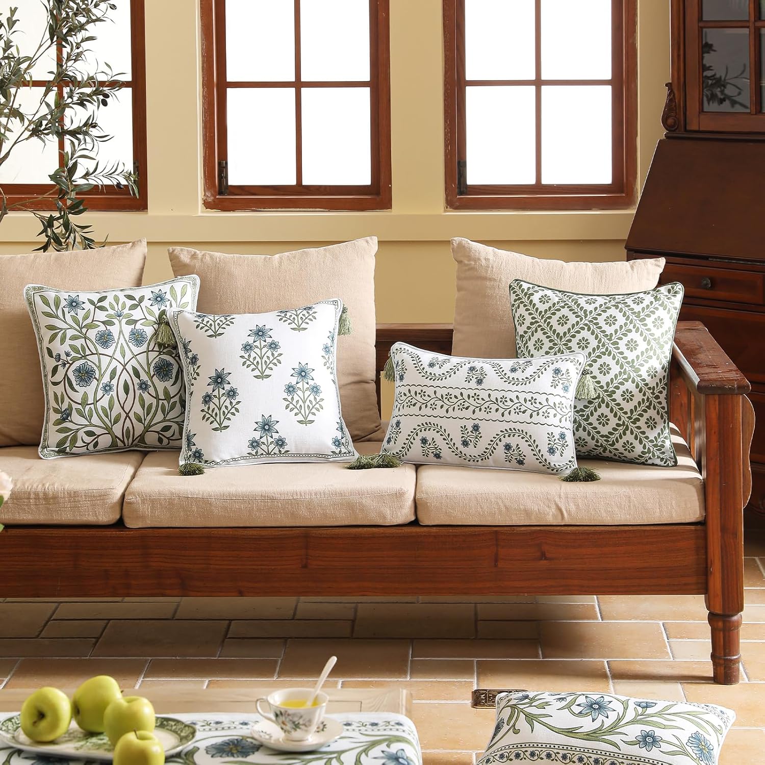 ISAENNE Design Fresh Linen Rectangle Throw Pillow Covers 12"x20", French White Cottage Cushion Covers with Green Branches Pattern Decoration Pillowcases for Bed,Living Room,Outdoor,Car