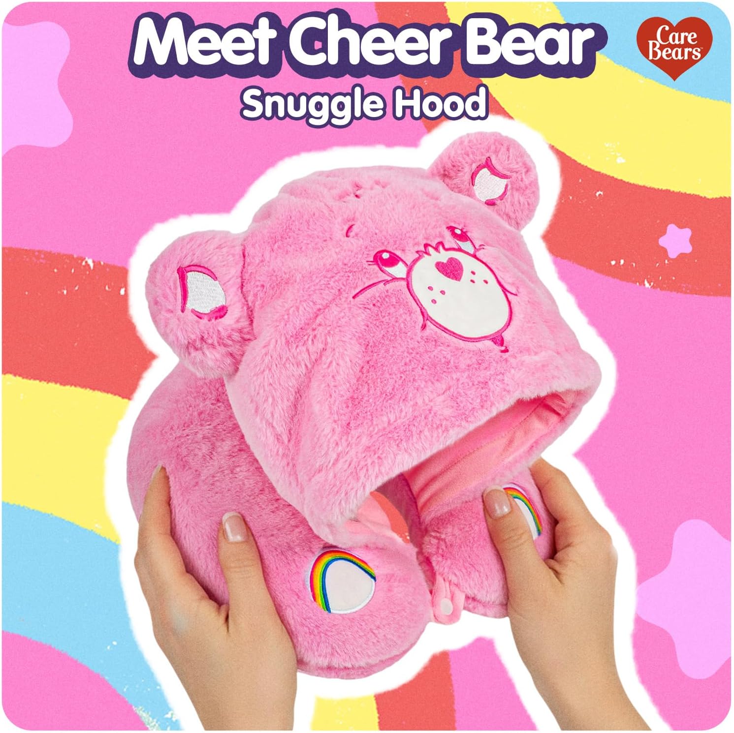Care Bears - Cheer Bear Snuggle Hood, Travel Pillow with Hood, Soft Plush Neck Support, Lightweight, Comfortable and Breathable, Airplane, Care and Train Travel - Pink