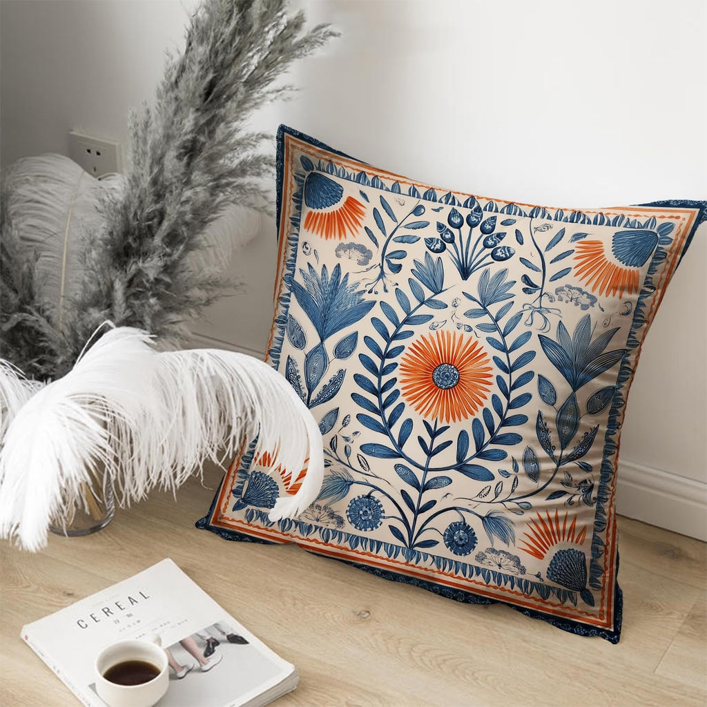 Vintage Boho Floral Print Throw Pillow Cover, Orange, Blue - Retro Rust Floral Decor Pillowcase, Indoor Outdoor Cushion Case for Sofa Couch Bed Living Room Bedroom Home (Blue&Orange, 18x18inch)