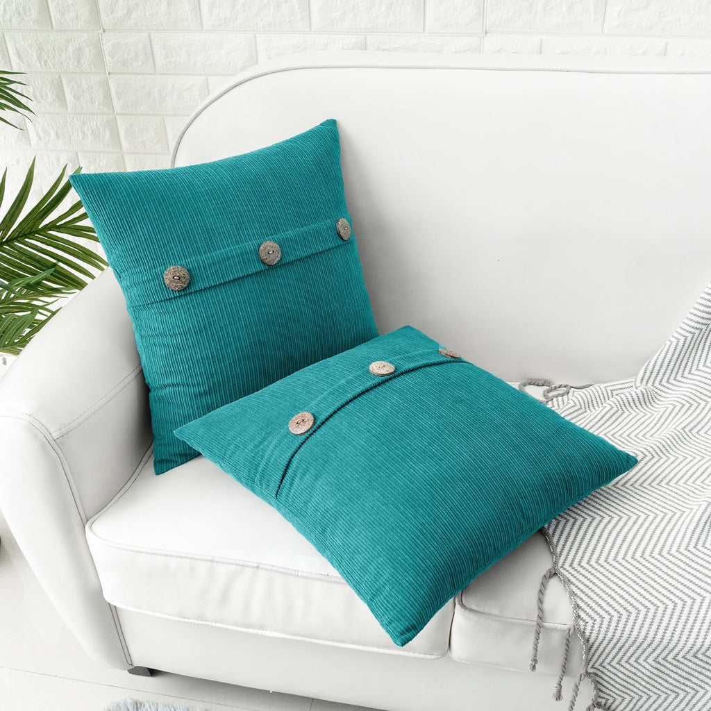HWY 50 Teal Chenille Throw Pillow Covers 22x22 Inch with Triple Buttons, Soft Farmhouse Accent Decorative Cushion Cases for Couch Sofa Bed Living Room Pack of 2