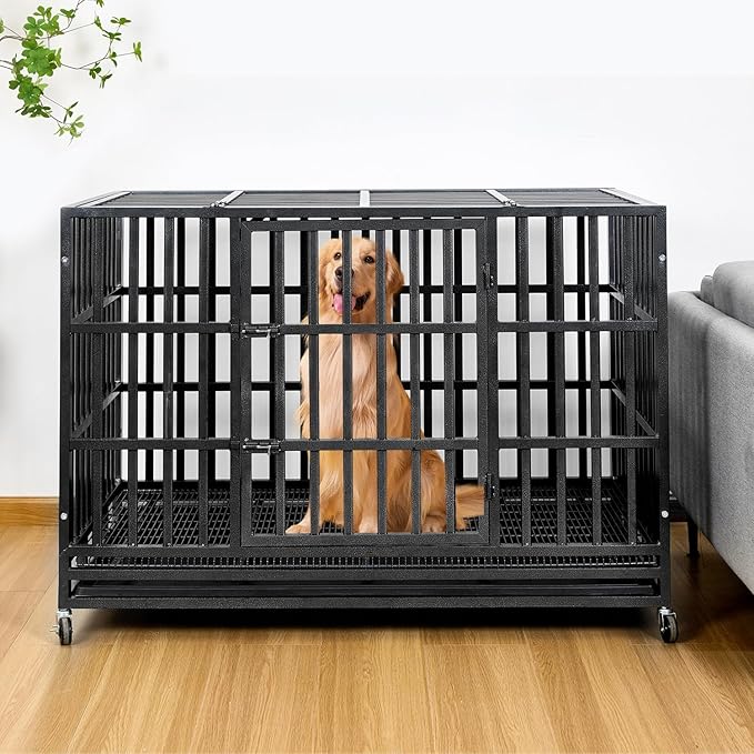 48/42/38 Inch Heavy Duty Indestructible Dog Crate,Escape Proof Dog Cage Kennel for Small Medium Dogs Indoor Double Door Dog Crate with Wheels, Lock& Removable Tray