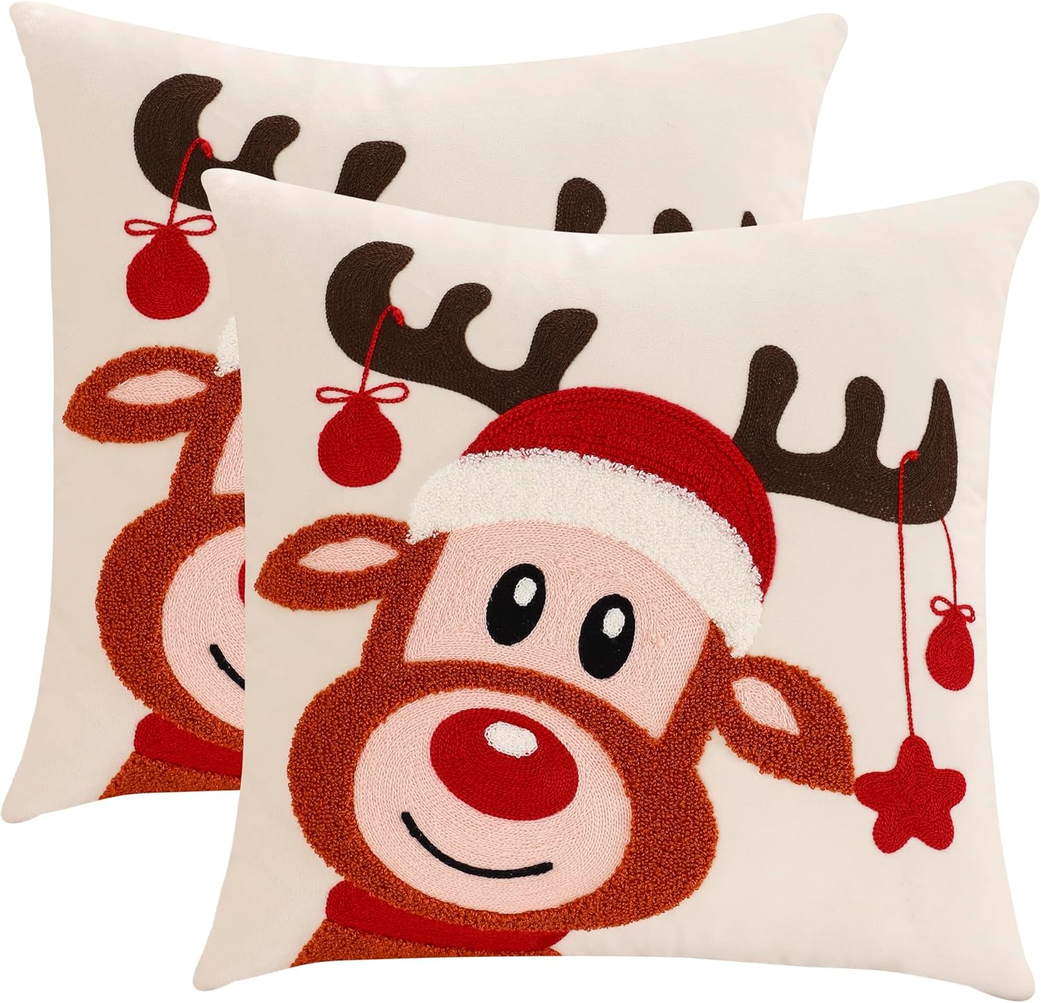 LUOYEHK Christmas Pillow Covers 18x18 Set of 2 Cute Reindeer Decorative Beige Pillow Cases Winter Holiday Velvet Embroidered Cushion Covers for Couch Sofa Bed