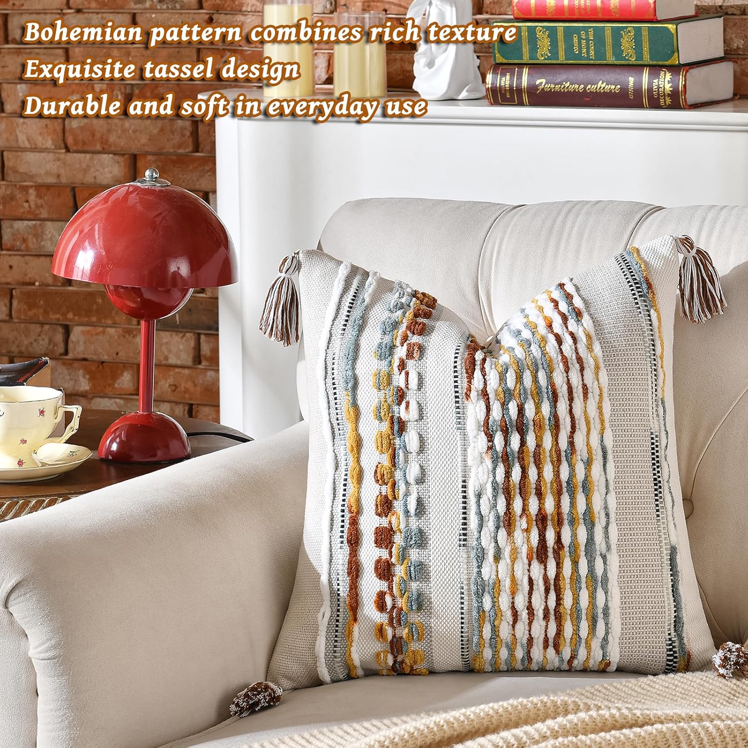 AmHoo Set of 2 Chenille Striped Textured Boho Throw Pillow Covers Aesthetic with Tassels Woven Decorative Pillow Case for Couch Bed Sofa Bedroom Modern Funky 18 x 18-Inch Brown