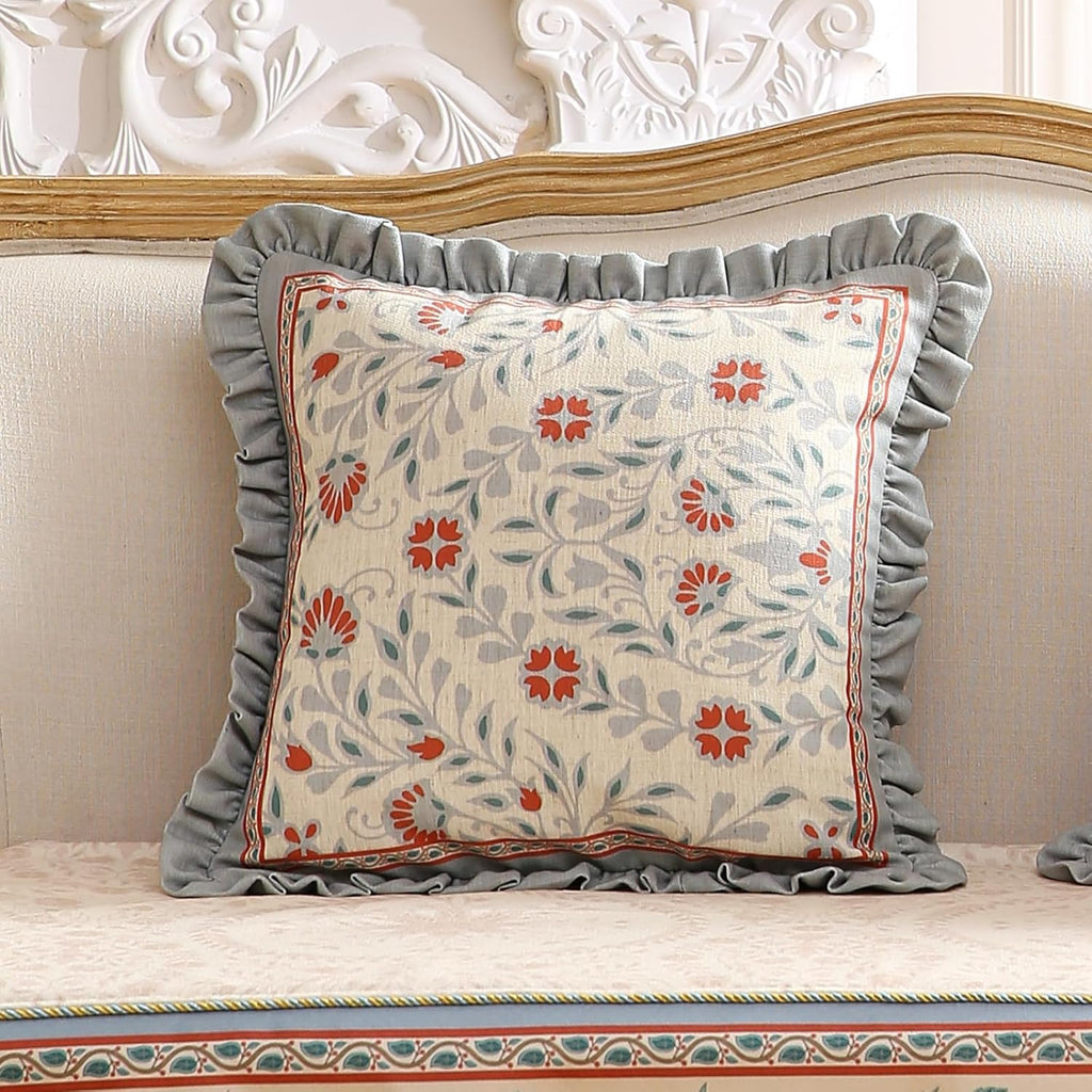 Floral Throw Pillow Covers Set of 2,Cottage Rustic with Blooming Flower Pattern Linen Pillowcases,Decorative Square Pillows Cushion Covers for Couch Sofa Bed Chair Car,18x18 Inches