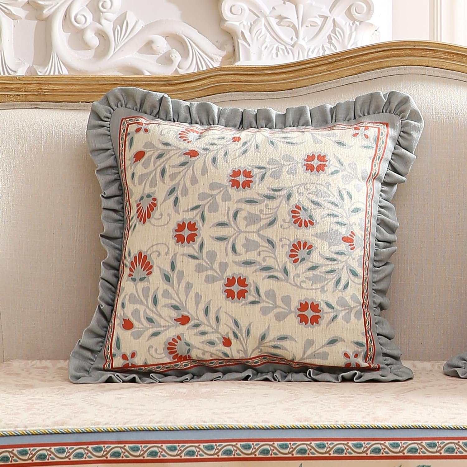 Floral Throw Pillow Covers Set of 2,Cottage Rustic with Blooming Flower Pattern Linen Pillowcases,Decorative Square Pillows Cushion Covers for Couch Sofa Bed Chair Car,18x18 Inches