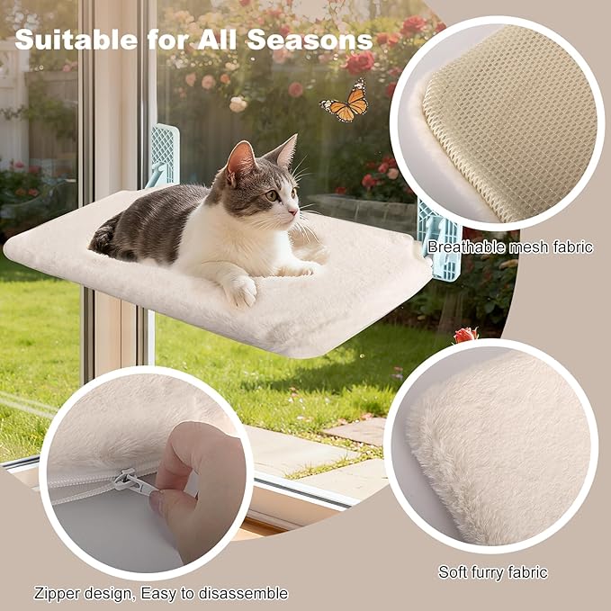 Revolutionary Cat Window Perch Hammock with Strong Adhesive Tapes, Solid Metal Frame and Reversible Cover Cat Bed for Window, Foldable Design