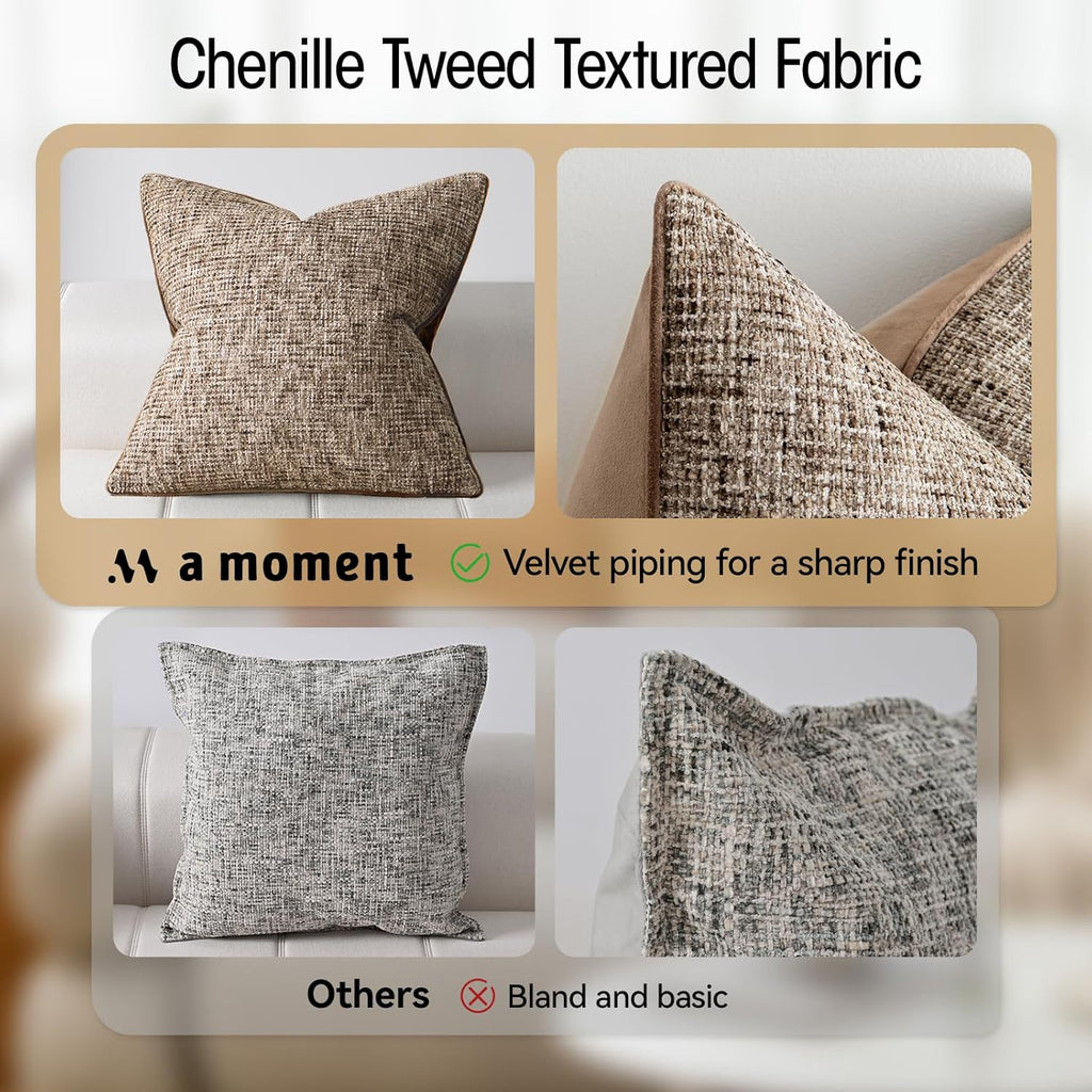a moment Brown Reversible Pillow Covers 2 Pack - Farmhouse Chenille Throw Pillows, Neutral Textured Decorative Throw Pillow Covers with Border for Couch Sofa Bed (18x18 Inch, No Insert)