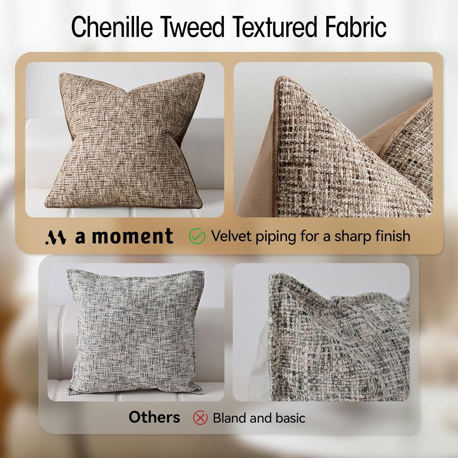 a moment Brown Reversible Pillow Covers 2 Pack - Farmhouse Chenille Throw Pillows, Neutral Textured Decorative Throw Pillow Covers with Border for Couch Sofa Bed (18x18 Inch, No Insert)