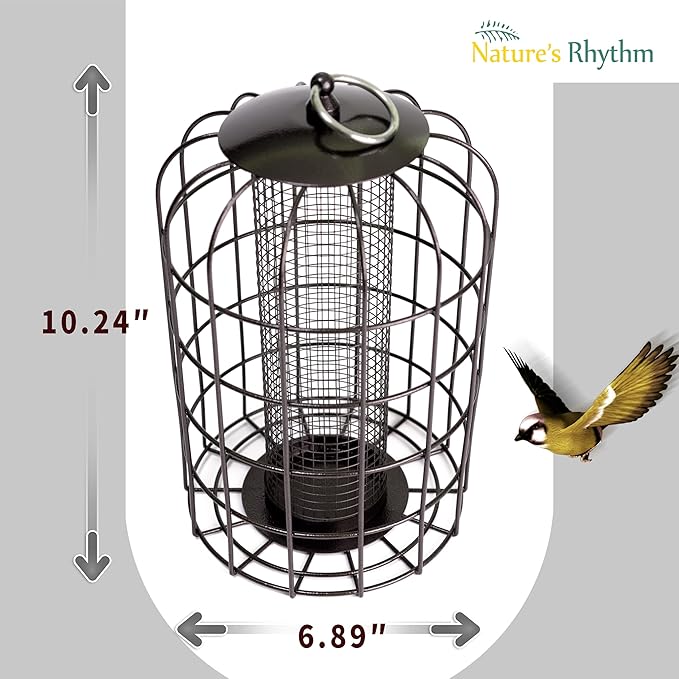 Nature's Rhythm Outdoor Hanging Bird Feeder Cage Mesh Tube Squirrel Proof Wild Bird Feeder with Large Metal Seed Guard Deterrent Green