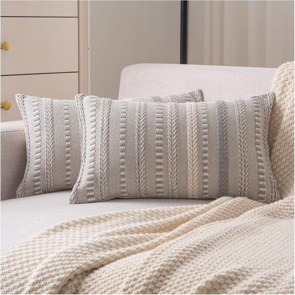 Boho Throw Pillow Covers 12x20 Inch Set of 2, Farmhouse Decorative Couch Pillow Cases, Grey Accent Pillows of Bed, Sofa Bedroom Living Room Home Decor Cushion Cover