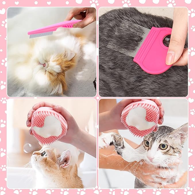 VCZONE 8 Pcs Cat Brush Grooming Kits, Pet Self Cleaning Kit with Pet Nail Clipper and File, Flea Comb, Pet Shampoo Bath Brush, Pet Shedding Brush, Silicone Toothbrush (Pink)