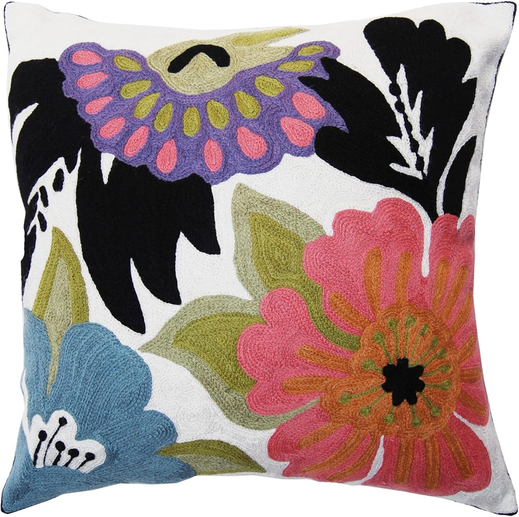 Daisy Floral Pillow Cover Hand Embroidered Flower Throw Pillowcase Traditional Floral Outdoor Suzani Cushion Boho Flower Throw Pillow Chair Cushion Wool Size - 18x18