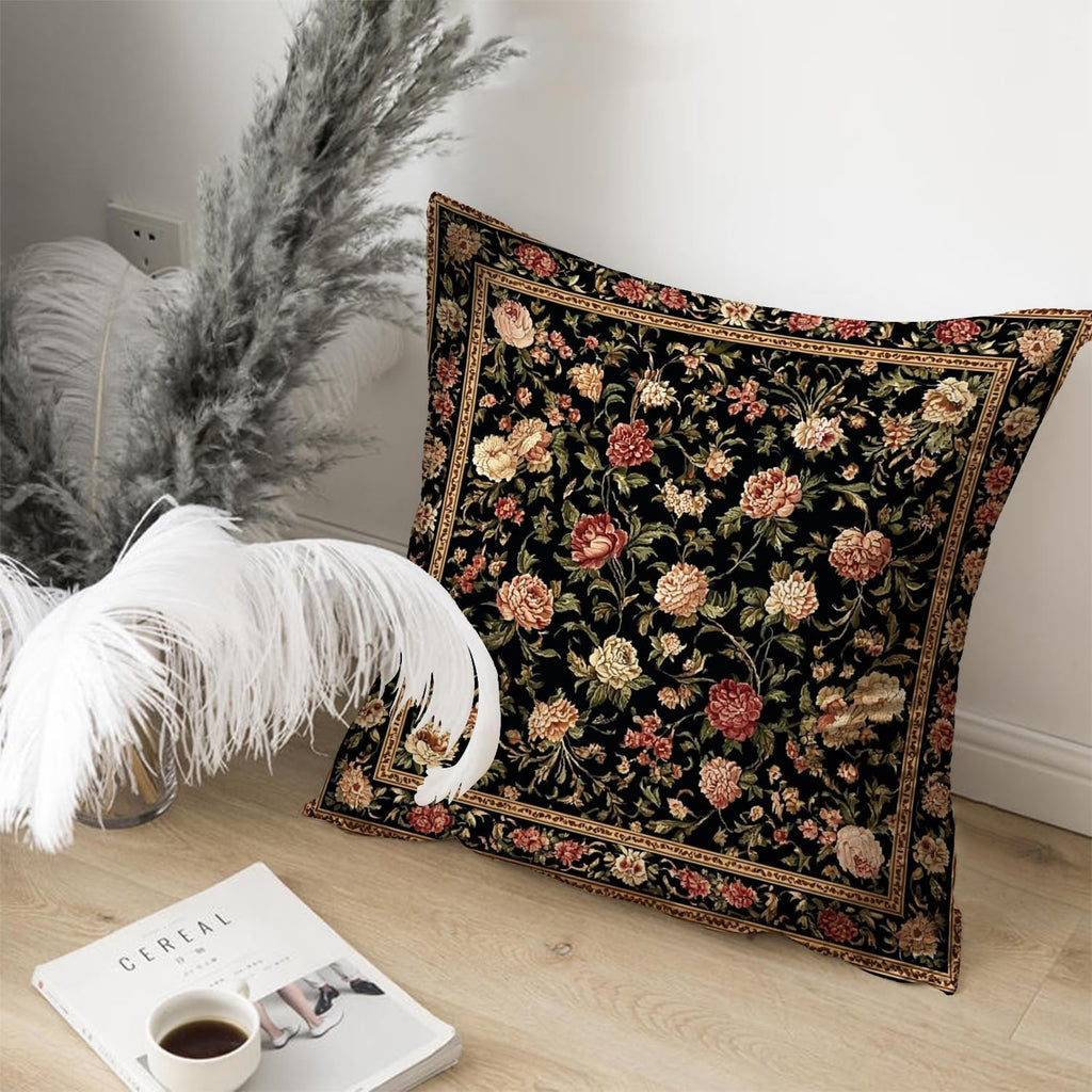 Bohemian Pillow Covers | Vintage Floral & Carpet Design | Double Sided Blue White Decorative Pillowcases for Couch, Bed | Indoor Outdoor Boho Home Decor (Black, 18x18inches)