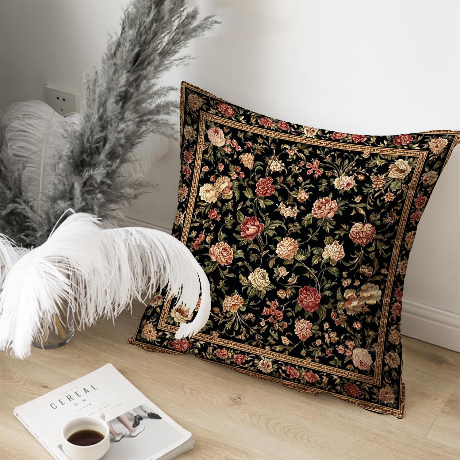 Bohemian Pillow Covers | Vintage Floral & Carpet Design | Double Sided Blue White Decorative Pillowcases for Couch, Bed | Indoor Outdoor Boho Home Decor (Black, 18x18inches)