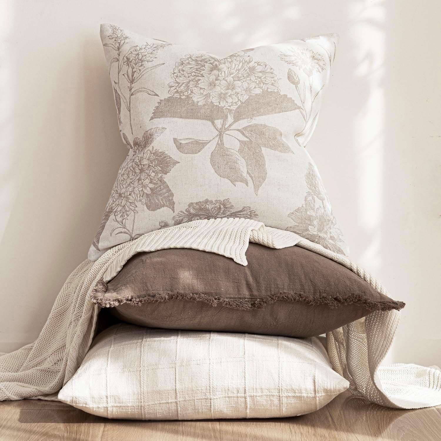 Foindtower Set of 2 Linen Floral Vintage Throw Pillow Covers Neutral Accent Decorative Cushion Covers Farmhouse Boho Home Decor for Sofa Chair Couch Bedroom Living Room,24×24 Inch,Tan Beige