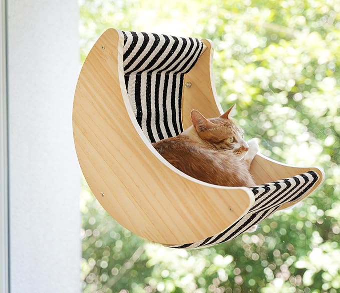 Window Cat Beds for Indoor Cats Perches Moon Shelves Mounted with Strong Suction Cups Cat Window Seat for Sleep and Watch Birds(Stripe)
