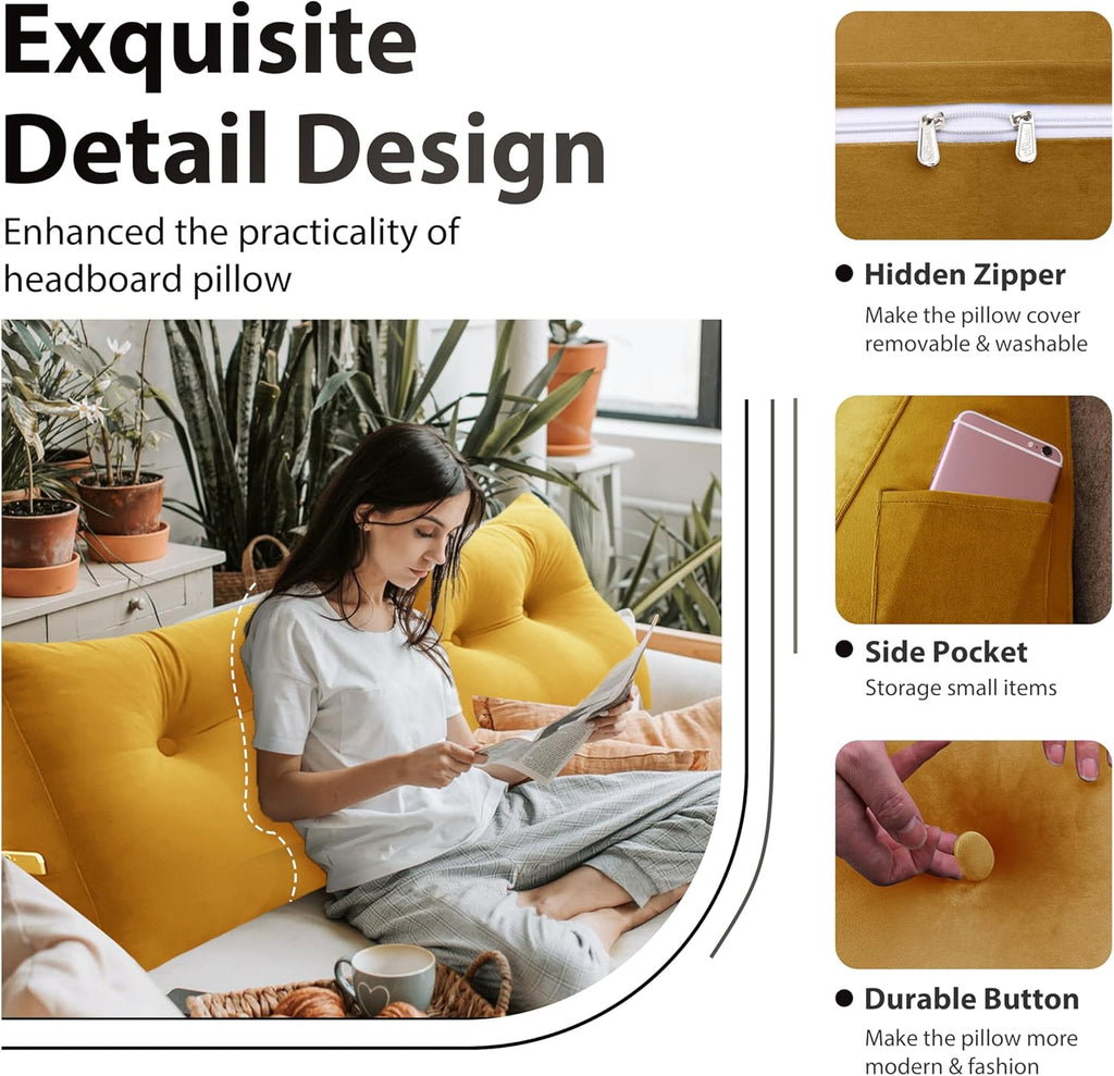 Bed Wedge Headboard Pillow - College Dorm Reading Pillow Back Support While Sitting in Bed - Ergonomic Lumbar Pillow Body Positioning Bed Pillow - Velvet Golden Yellow 76IN