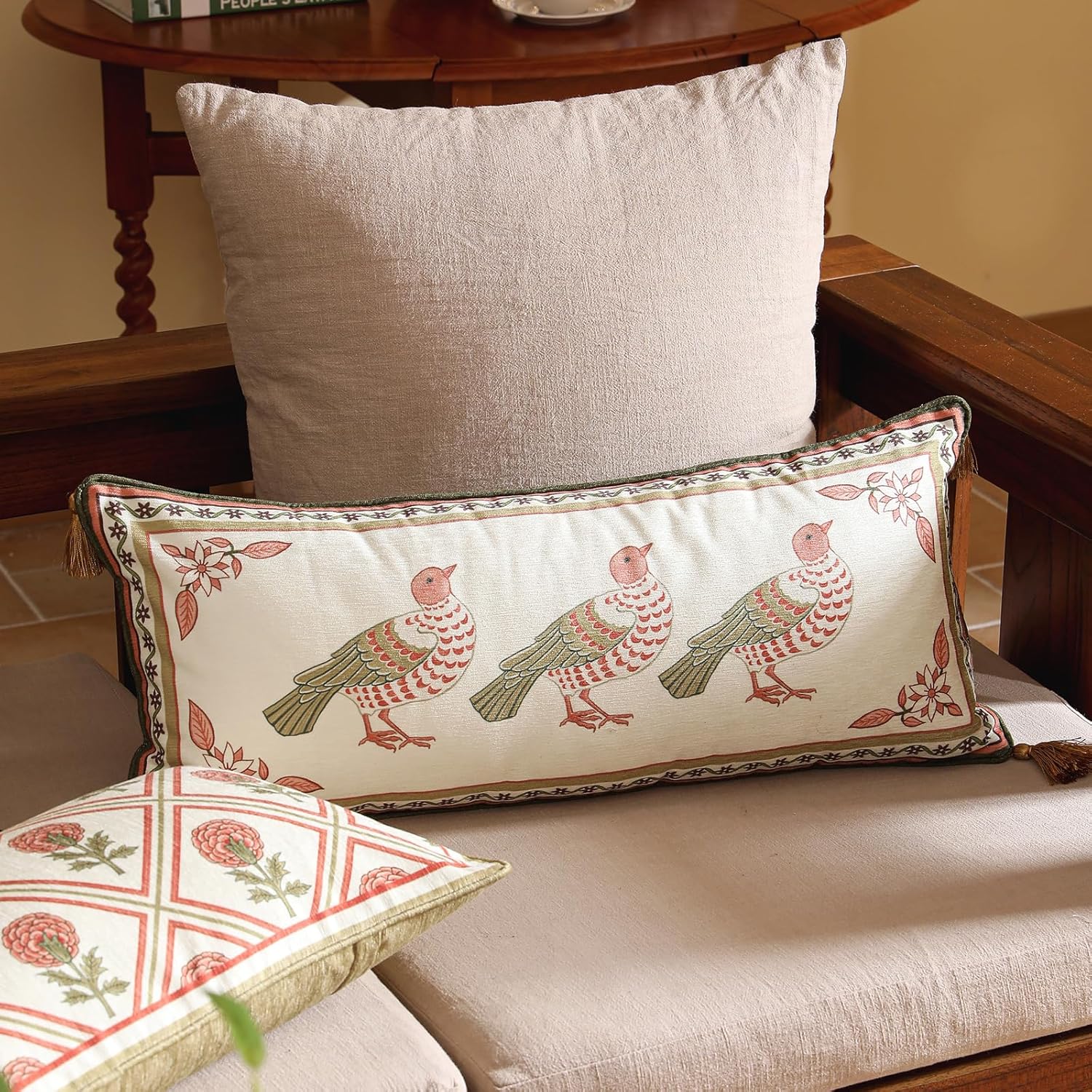 Rectangle Throw Pillow Covers,Brown Cozy Velvet Farmhouse with Birds and Floral Pattern Pillowcases,Decor Long Lumbar Pillows Cushion Covers for Couch Sofa Bed Car Chair,12"x28"