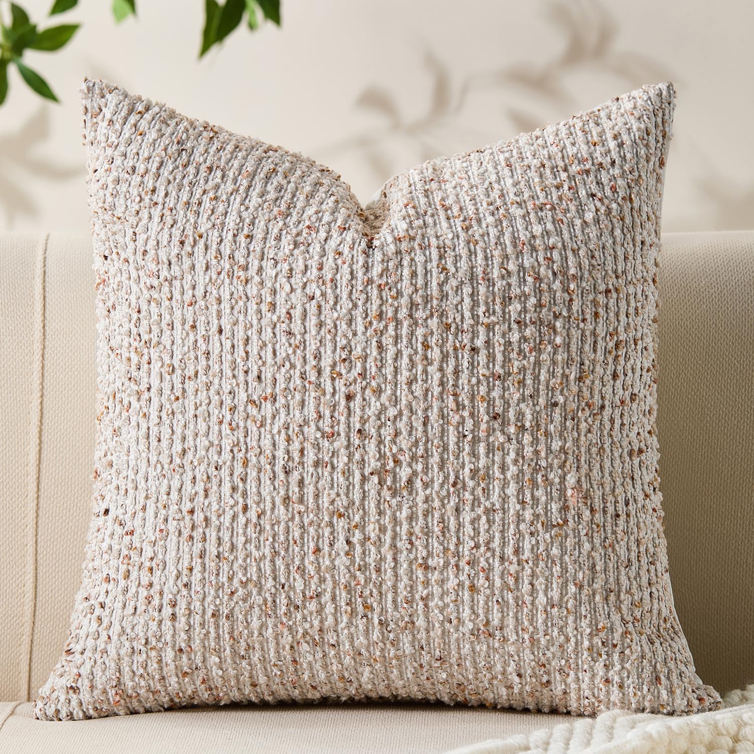 Decorative Couch Throw Pillow Covers 20x20 Beige Striped Soft Wool Pillow Covers Neutral Textured Boho Cushion Covers for Modern Farmhouse Sofa Bedroom Living Room Decor SY011-A20