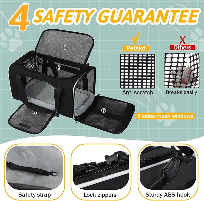 Petskd Pet Carrier 17x12x8.5 JetBlue Allegiant Airline Approved,Pet Travel Carrier Bag for Small Cats and Dogs, Soft Dog Carrier for 1-8 LBS Pets,Dog Cat Carrier with Safety Lock Zipper(Black)