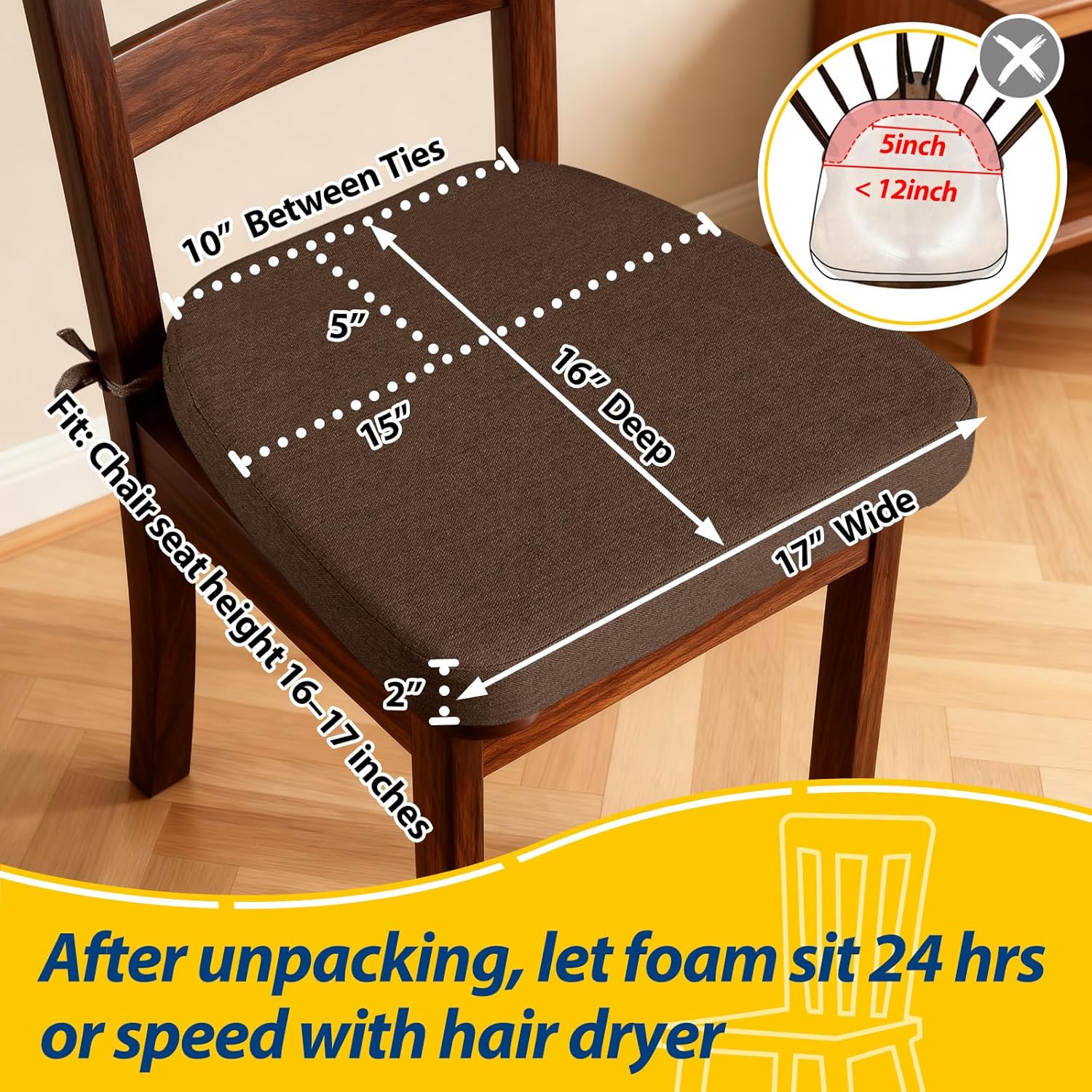 AAAAAcessories D-Shaped Chair Cushions, 2" Thick Dining Chair Pads with Ties and Removable, Machine-Washable Cover, 17" x 16", Brown