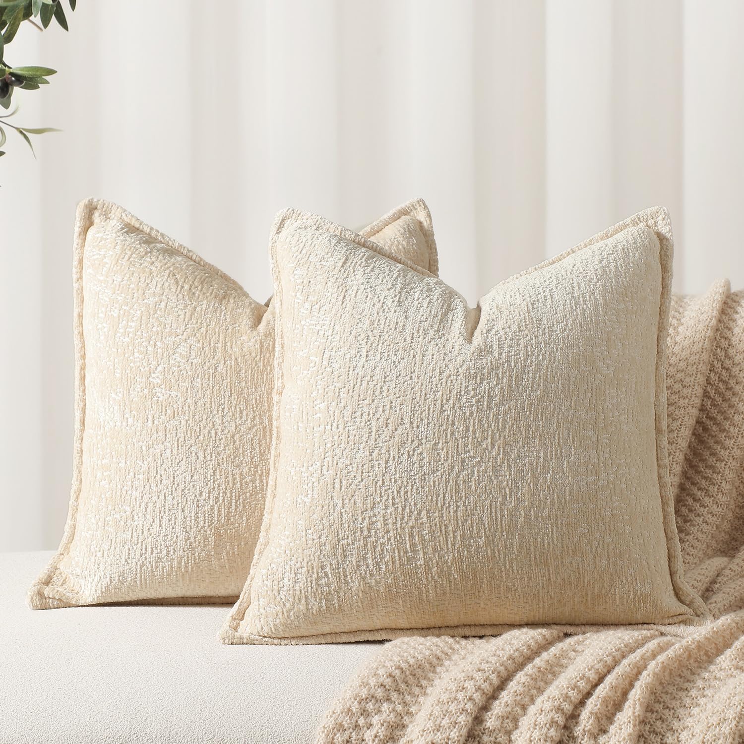 Pack of 2 Beige Decorative Throw Pillow Covers 16x16 Cozy Soft Chenille Accent Vintage Square Couch Pillow Covers for Home Decor Bed Sofa Living Room